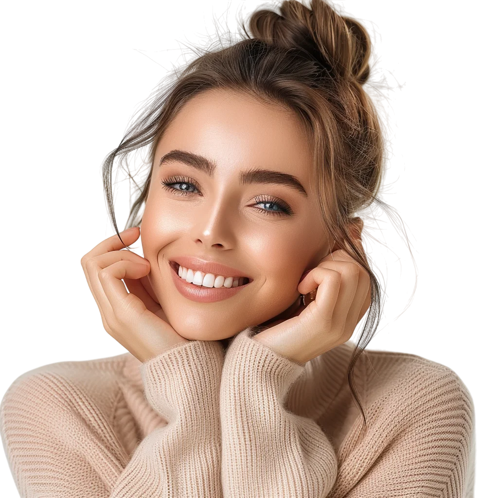 Smiling Woman Touching Face Free PNG Image