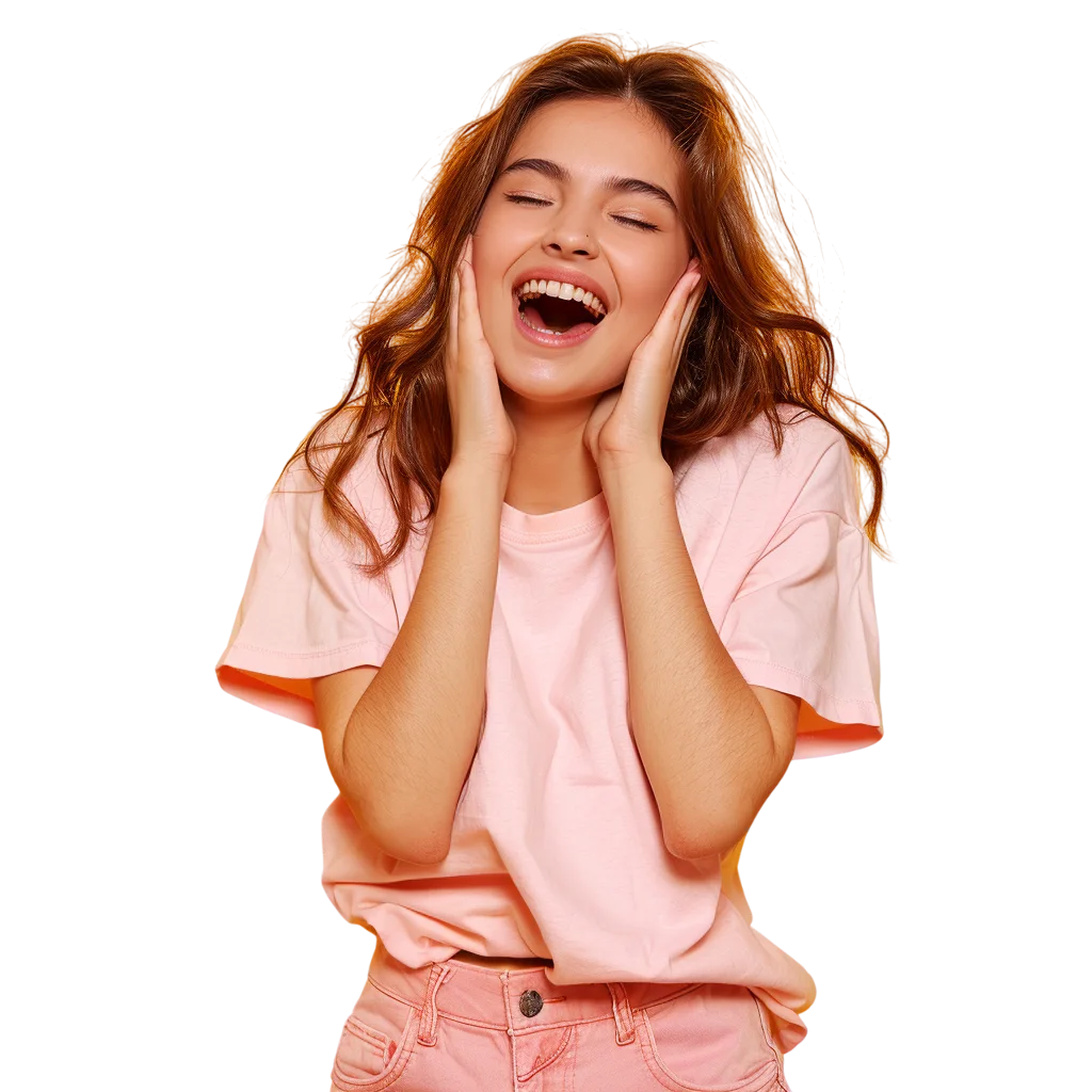 Smiling Young Woman with Head in Hands Free PNG