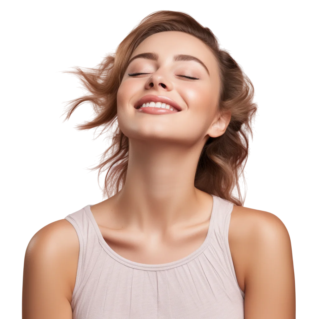 Smiling Woman Looking Up with Wavy Hair Free PNG