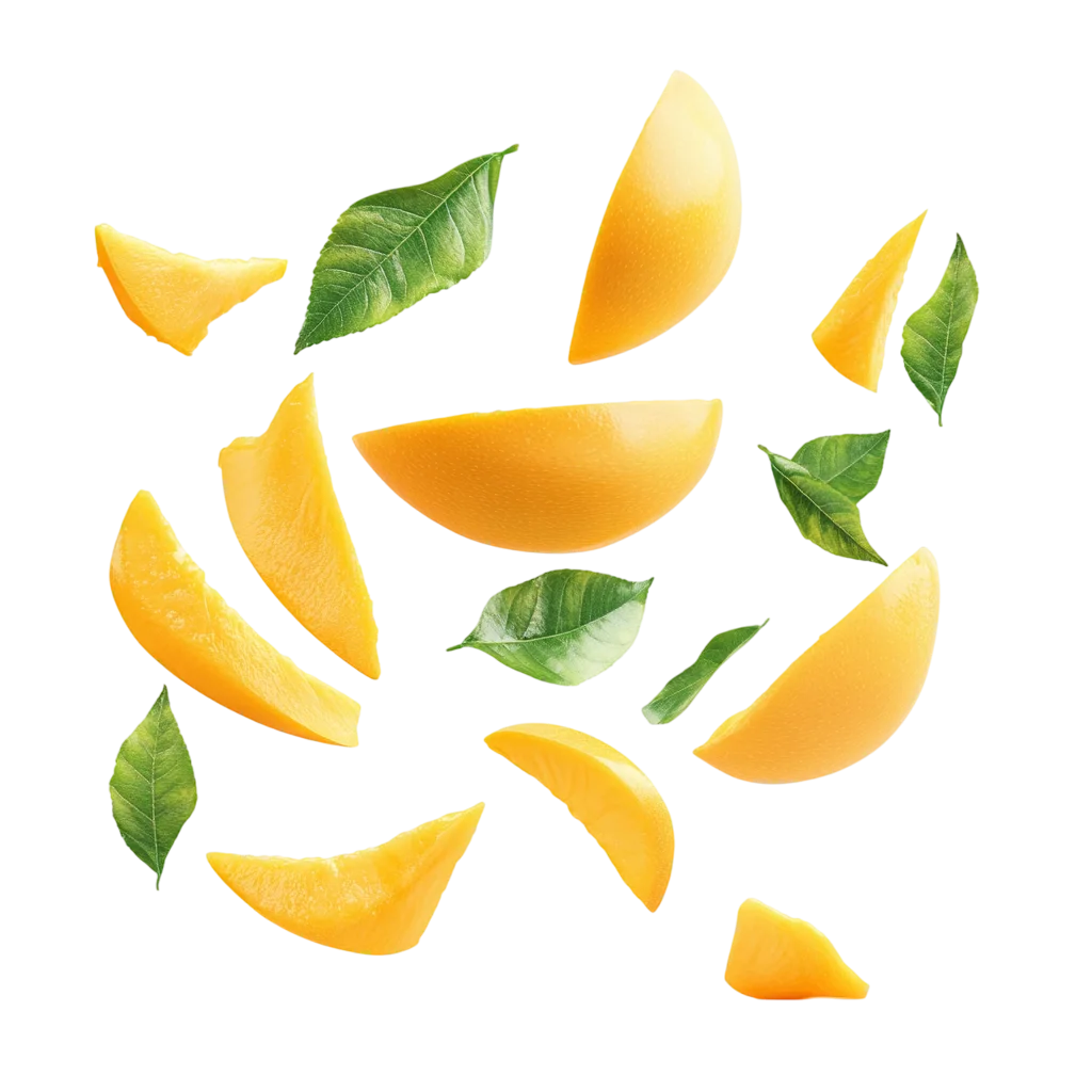 Fresh Juicy Mango Slices Falling PNG