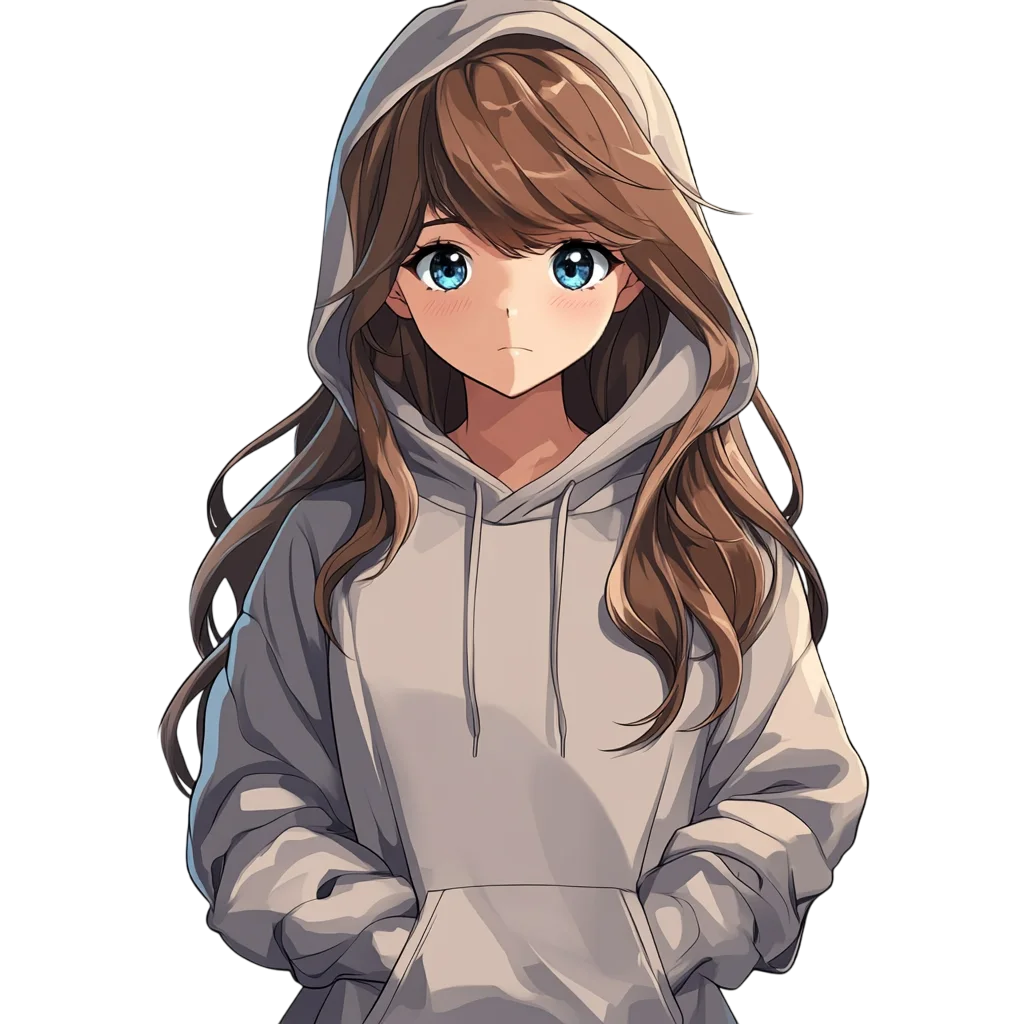 Anime Girl In Grey Hoodie Portrait Free PNG