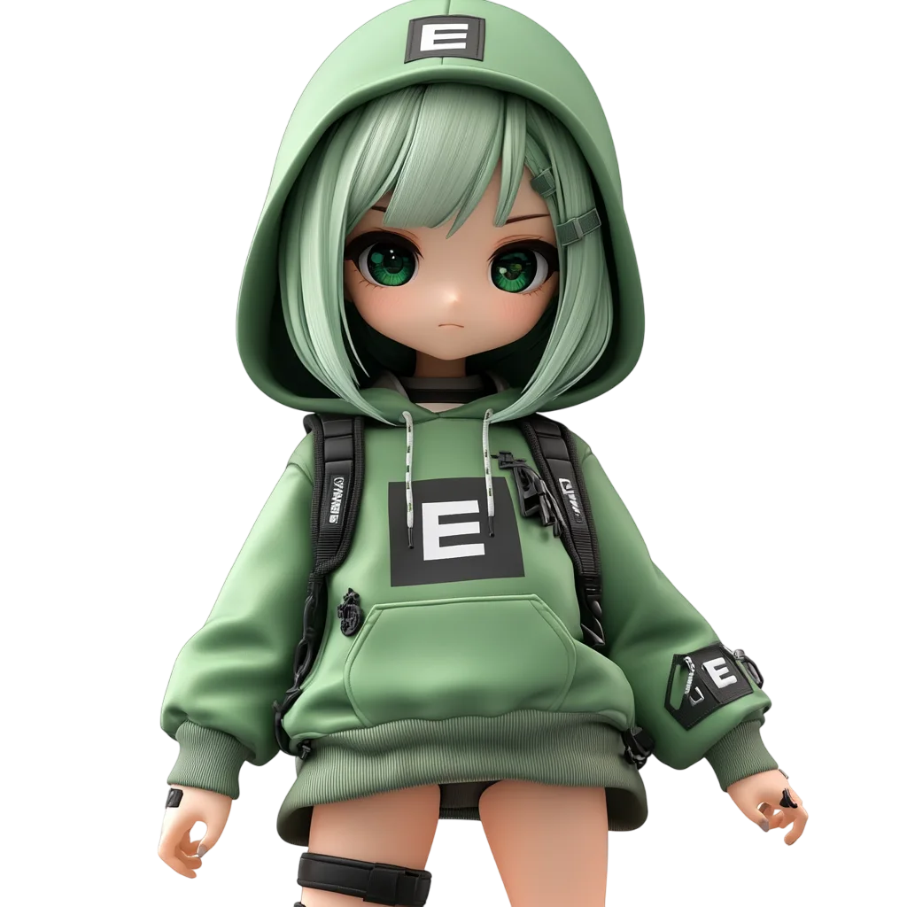 Cute Chibi Green Hoodie Girl Character Free PNG