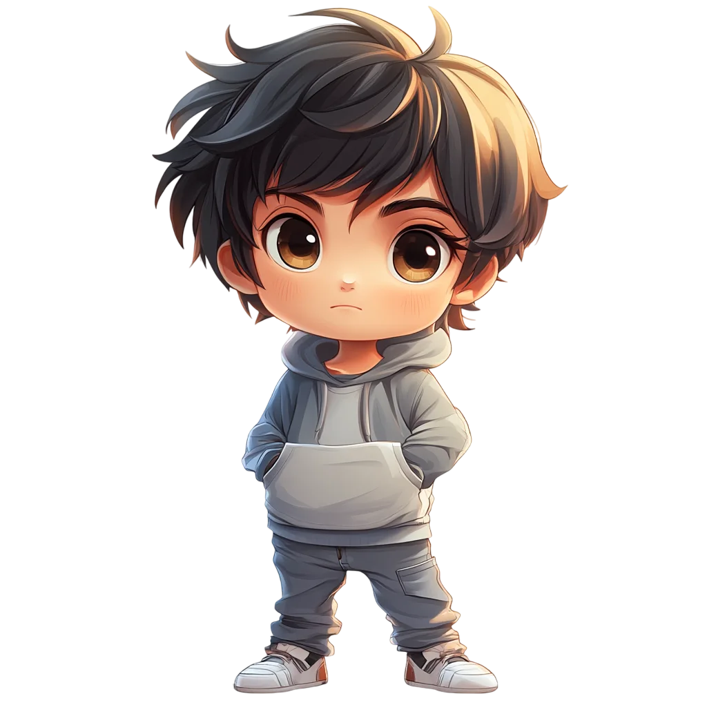 Cute Chibi Boy In Grey Hoodie PNG