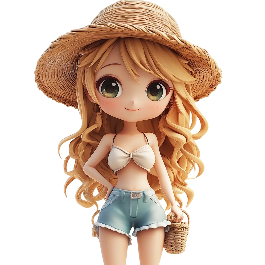 Cute Chibi Curly Hair Beach Girl Free PNG