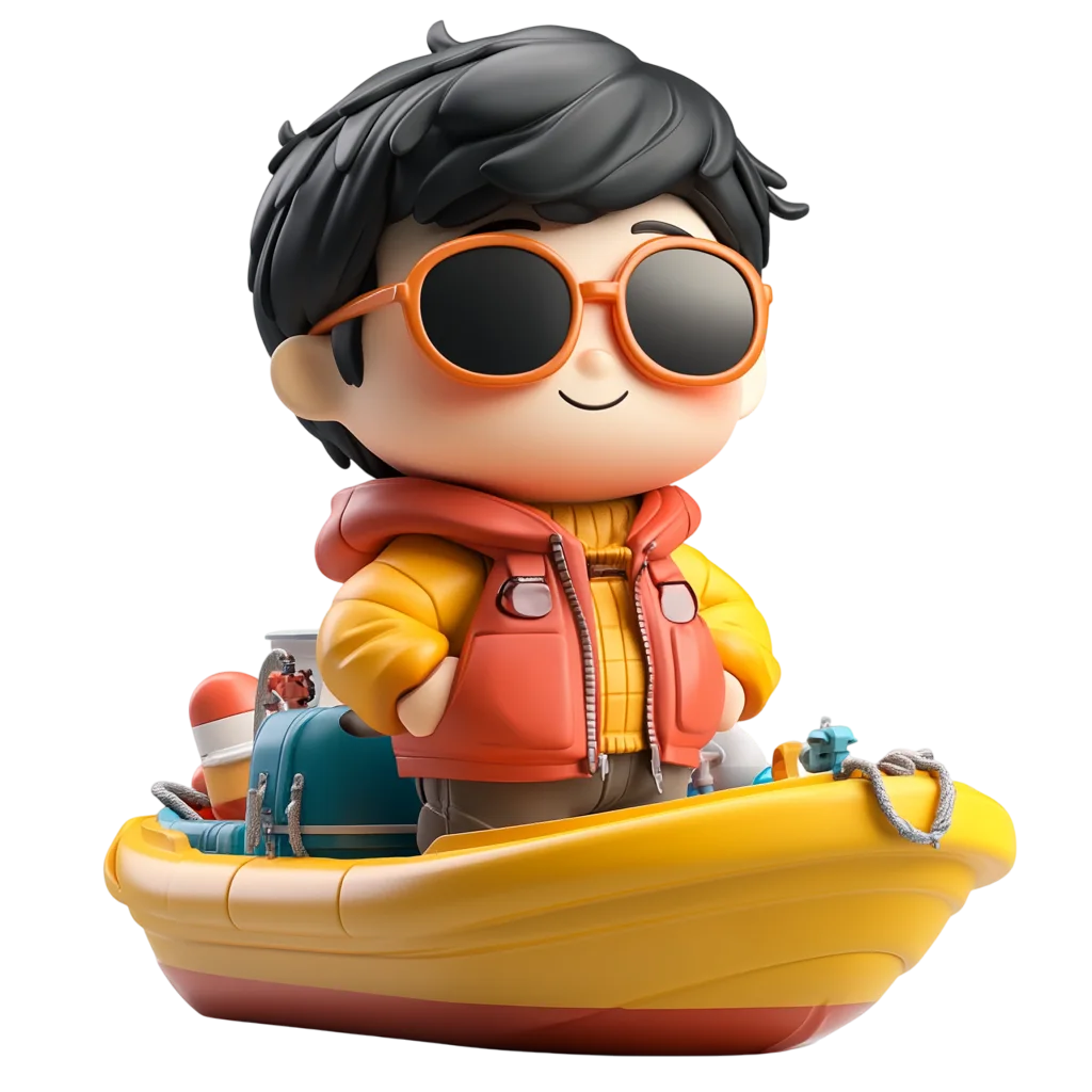 Cute Chibi Boy In Lifejacket On Raft PNG