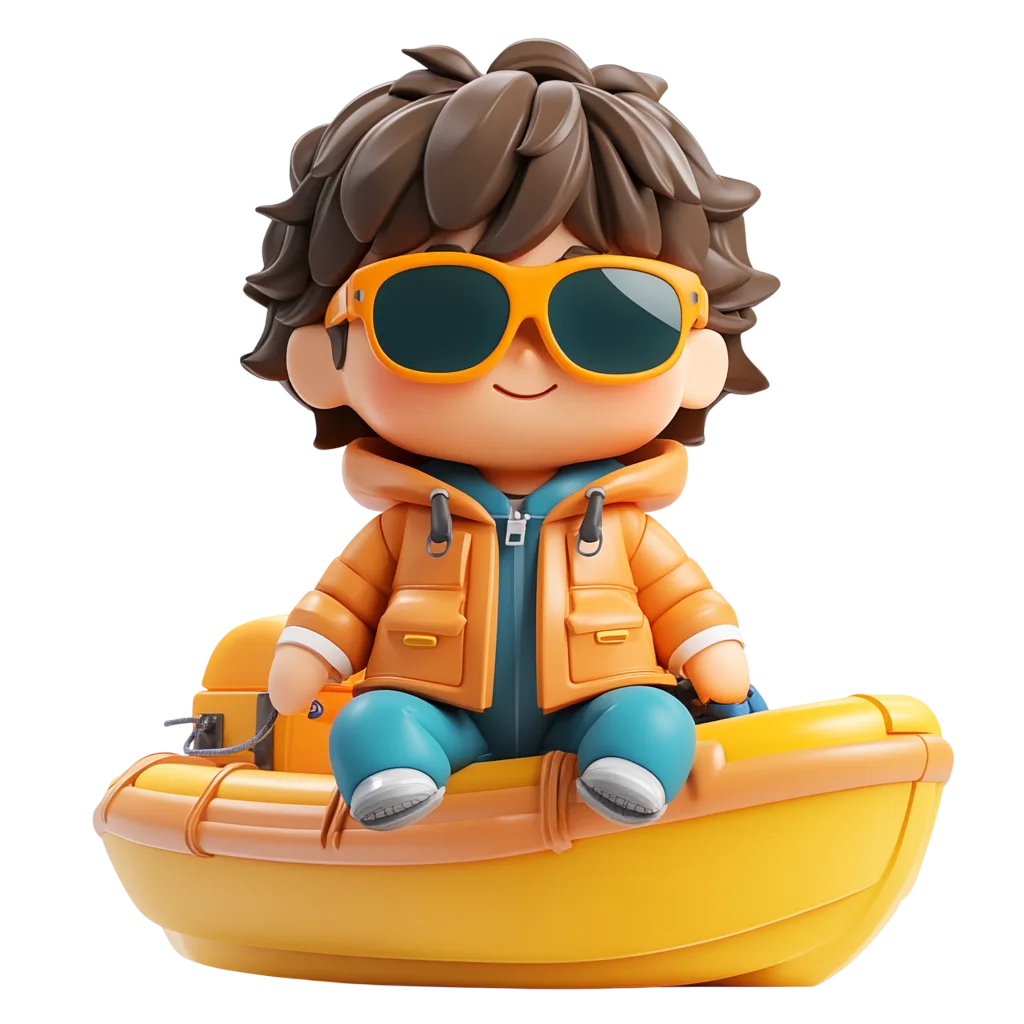 Cute Chibi Boy In Yellow Jacket On Raft PNG