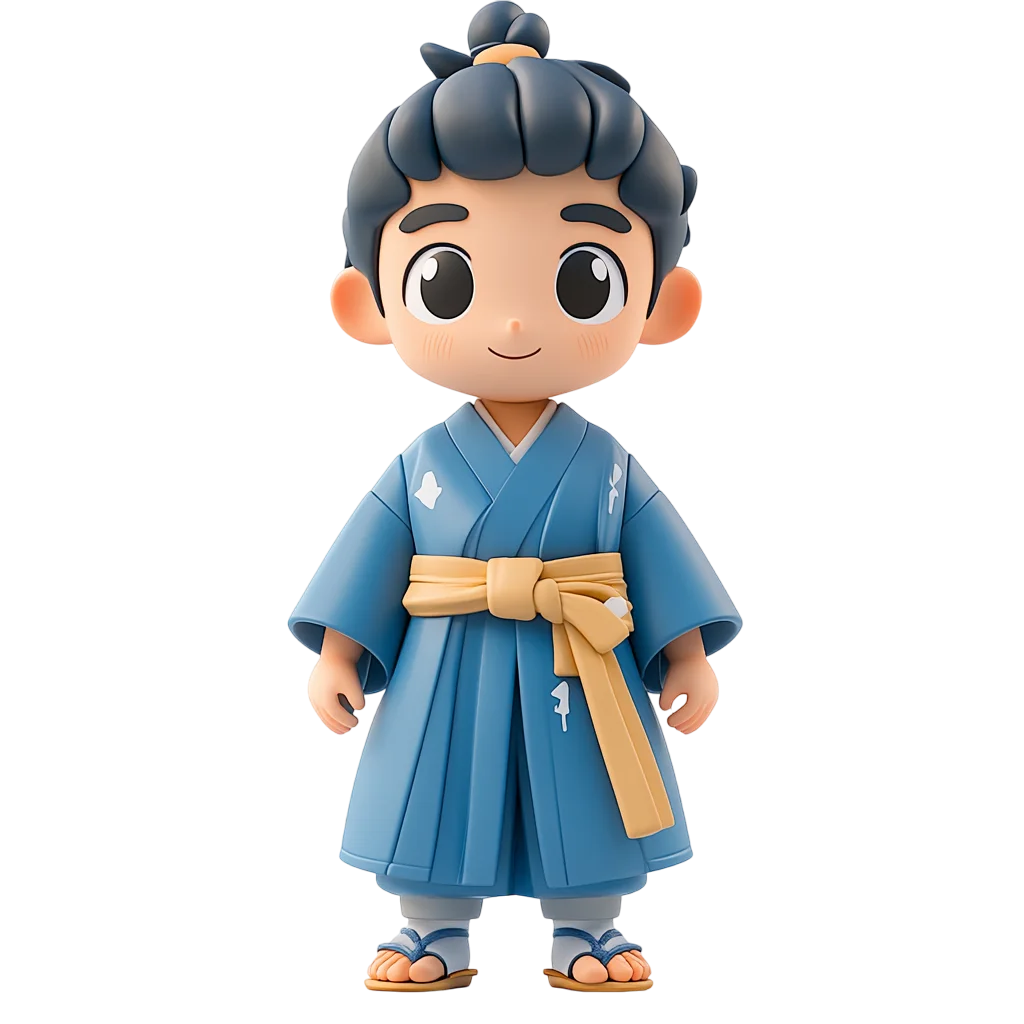 Cute Chibi Boy In Blue Kimono Standing Free PNG