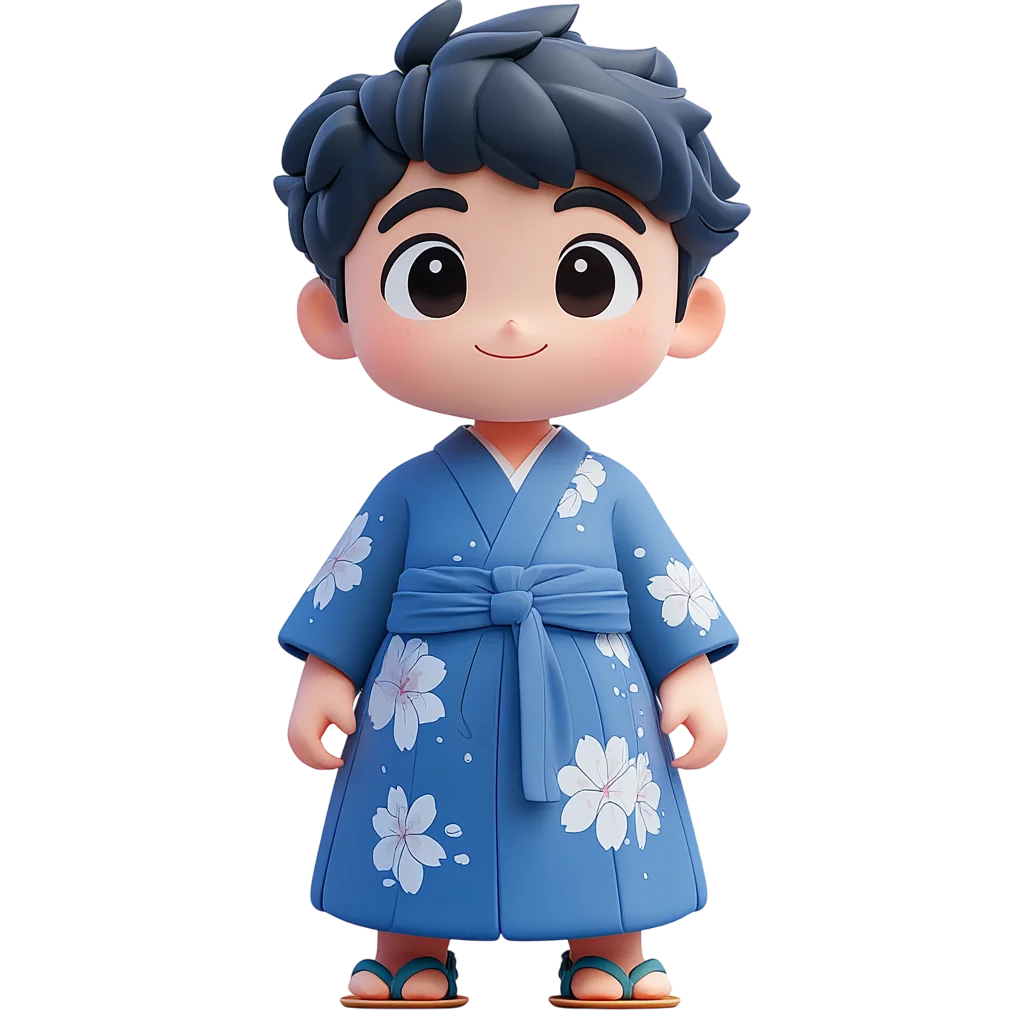 Cute Chibi Boy In Blue Floral Kimono Free PNG