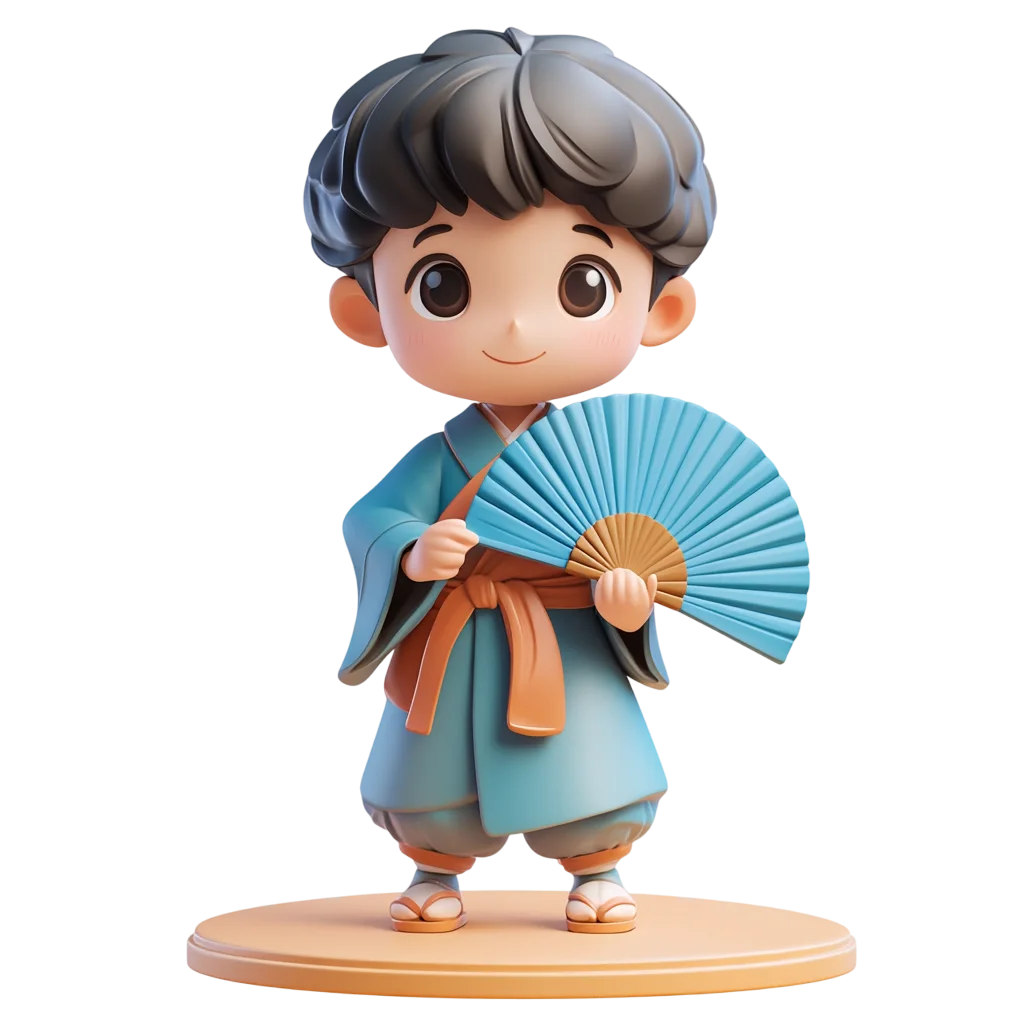 Cute Chibi Boy With Hand Fan Character PNG