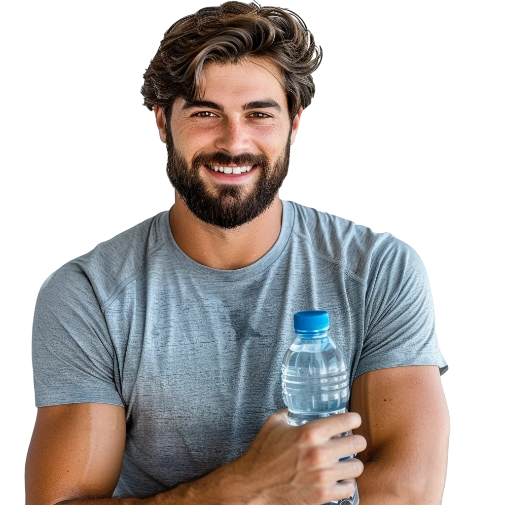 Smiling Man Holding Water Bottle PNG