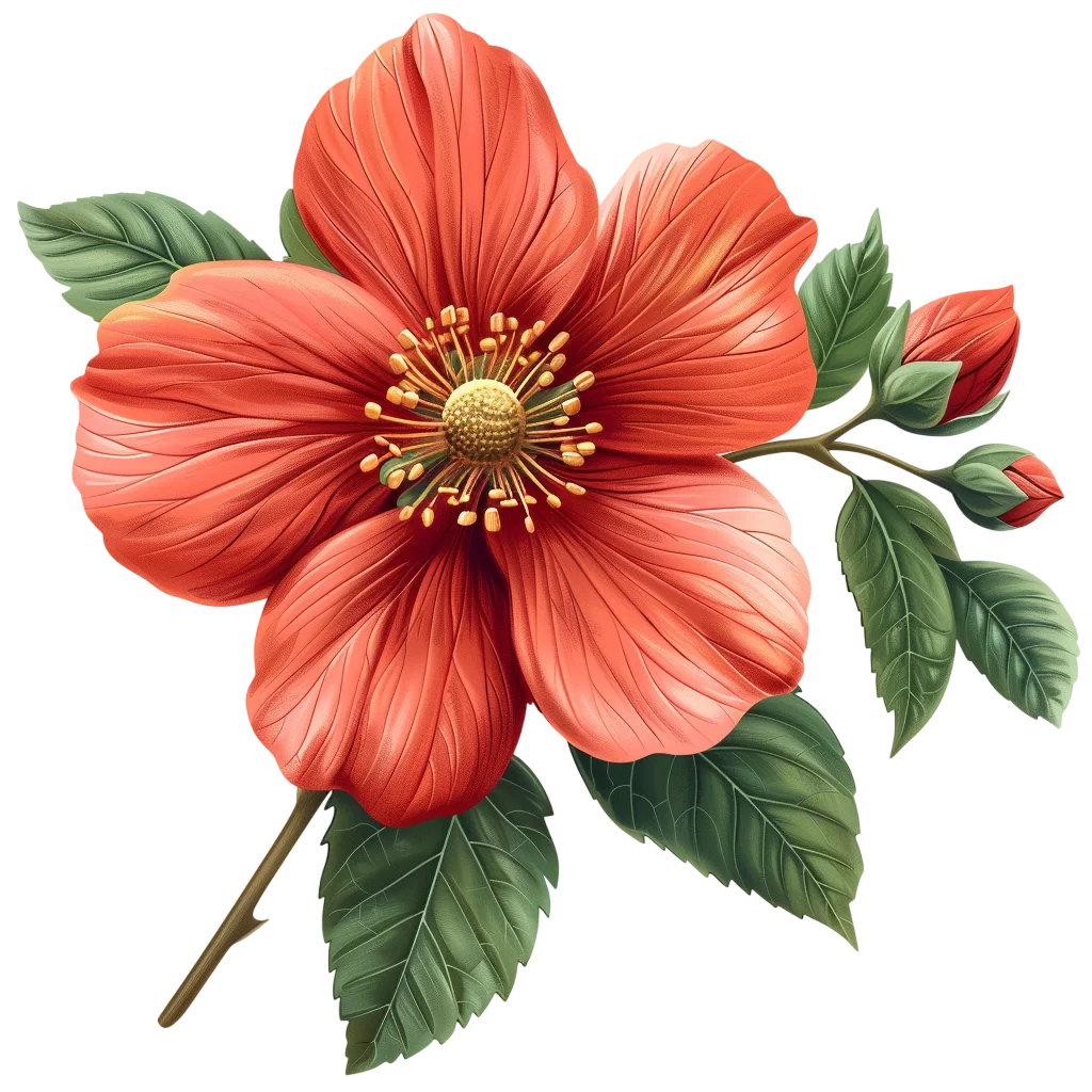 Fresh Red Camellia Flower Branch Leaf PNG