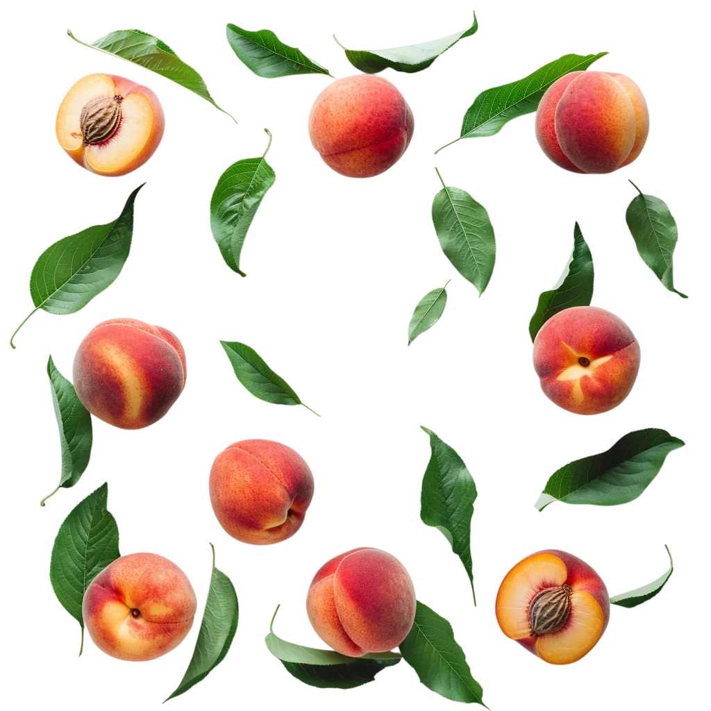 Fresh Peaches And Green Leaves Pattern PNG
