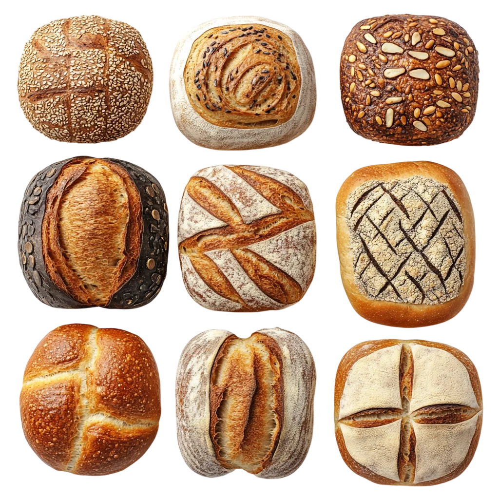 Assorted Baked Bread Rolls Grid Assortment PNG