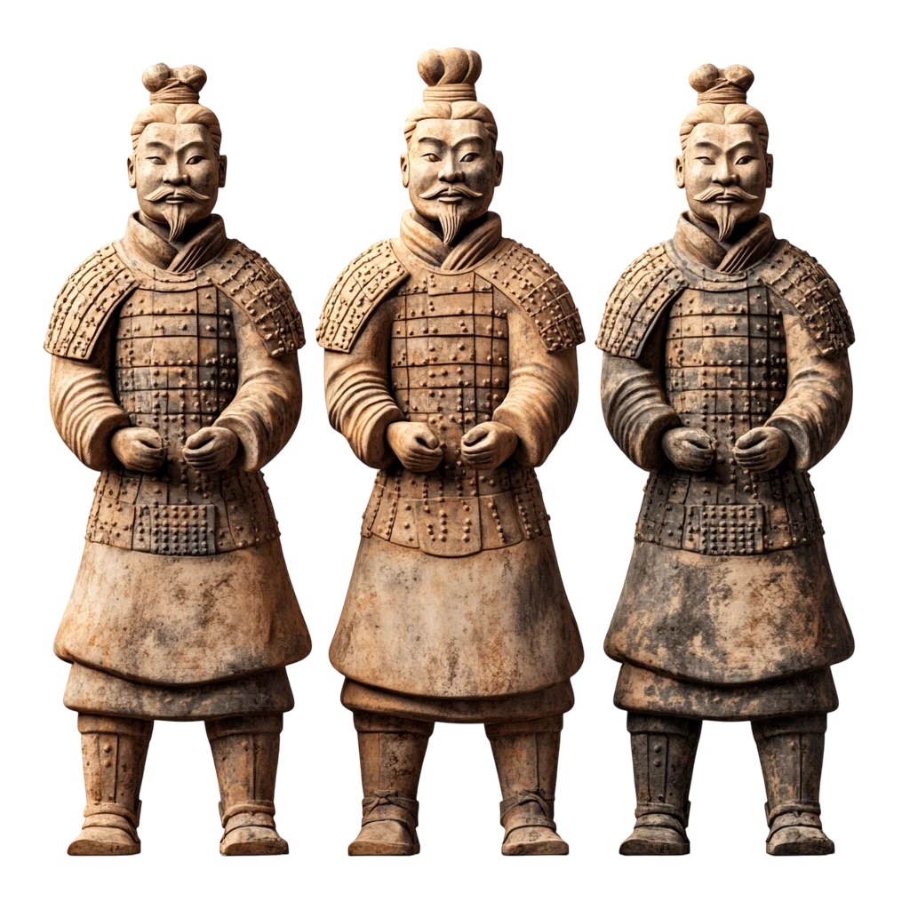 Ancient Terracotta Warrior Statues Trio PNG