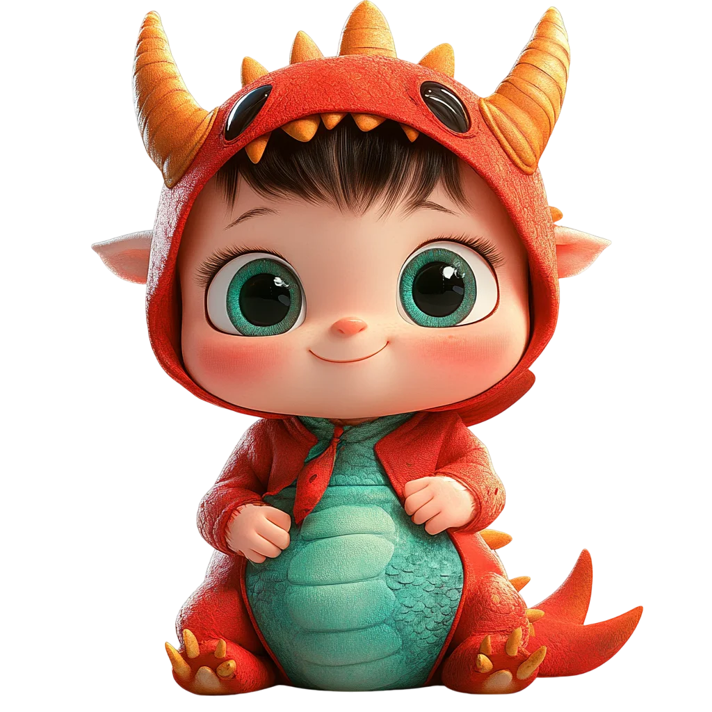 Cute Chibi Red Dinosaur Costume Boy PNG