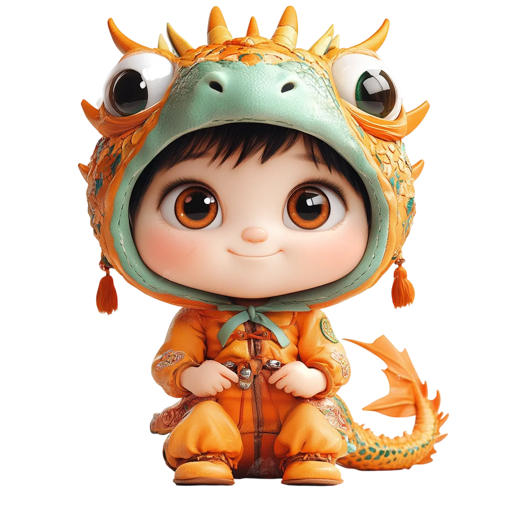 Cute Chibi Orange Dinosaur Costume Boy PNG