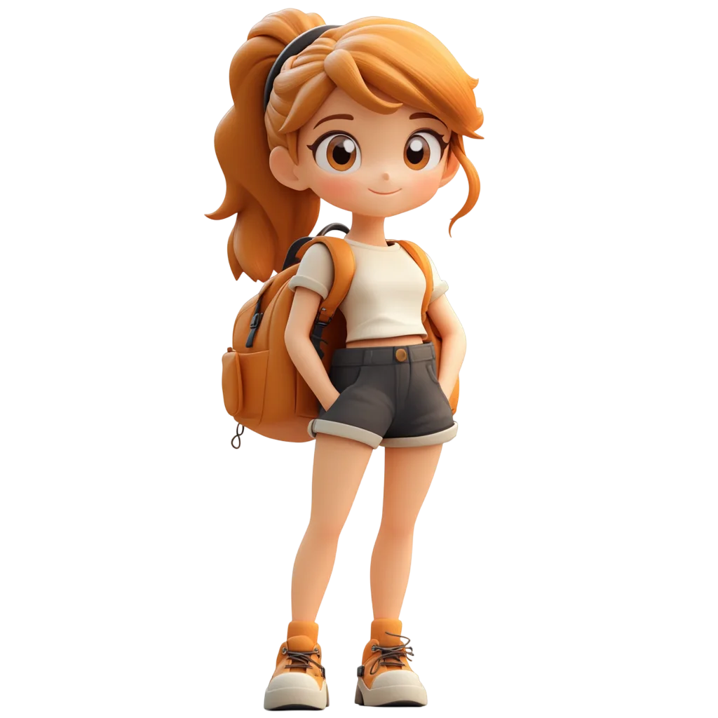 3D Cartoon Girl with Orange Backpack Free PNG