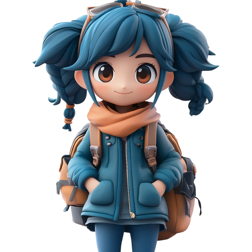 Cute Blue-Haired Girl Explorer Character Free PNG