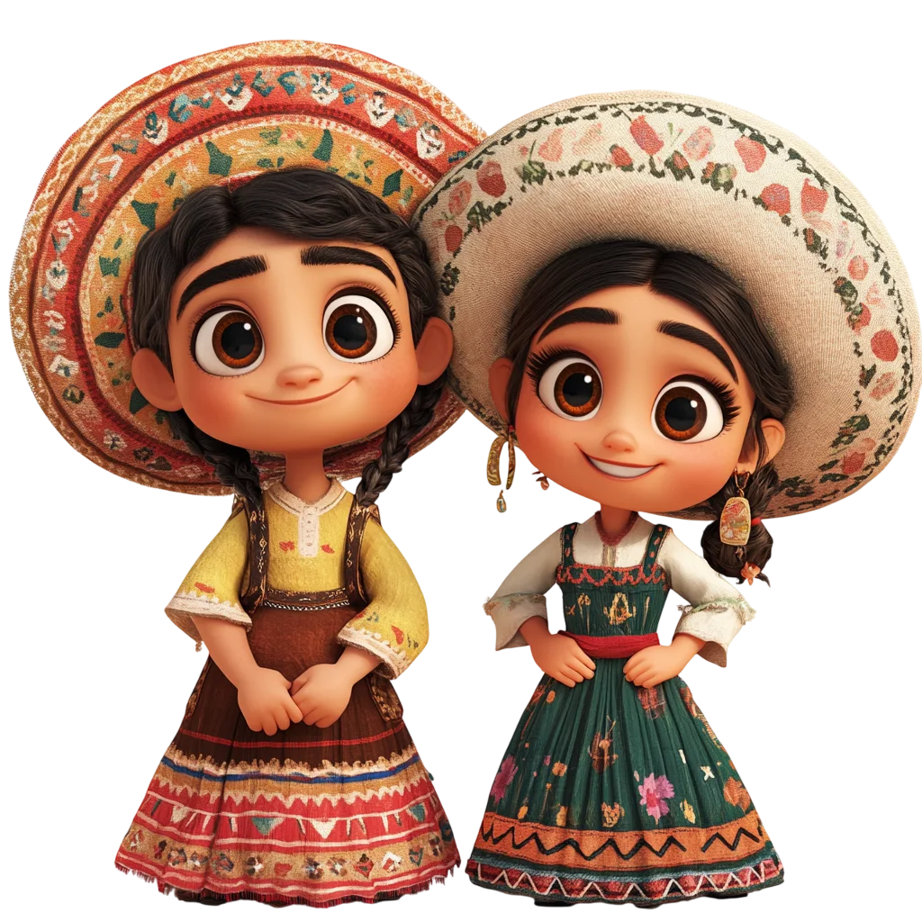 Two Girls in Colorful Folk Dresses and Sombreros Free PNG