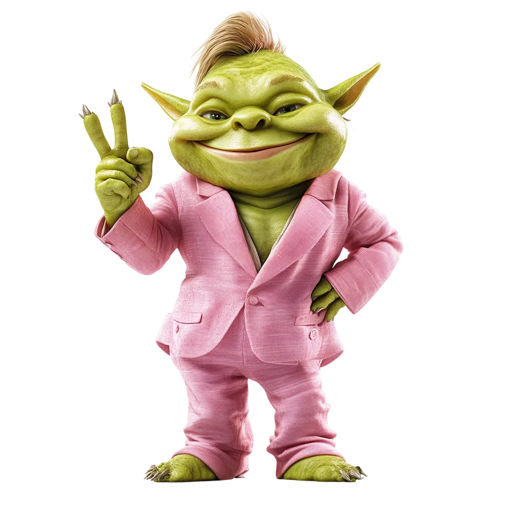 Smiling Green Ogre in Pink Suit with Peace Sign Free PNG