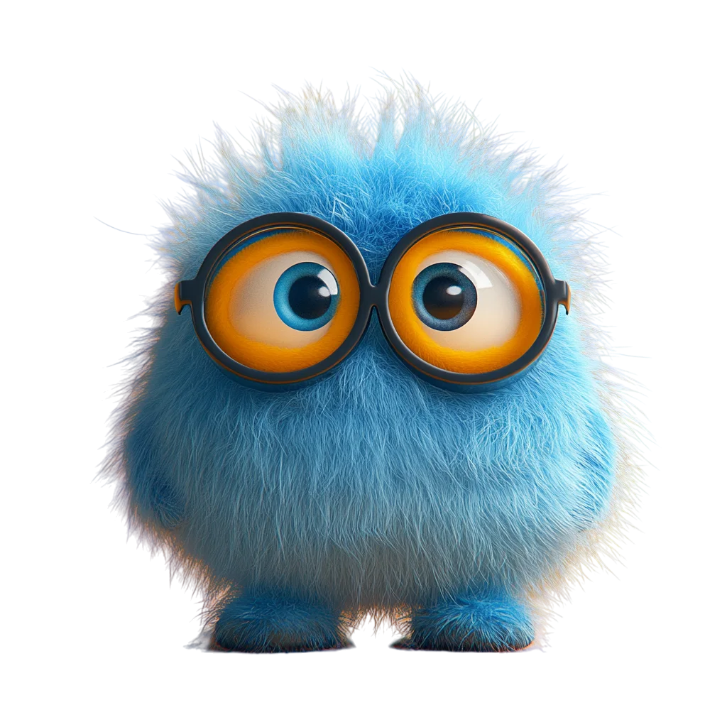 Wide-Eyed Blue Furry Creature with Glasses Free PNG