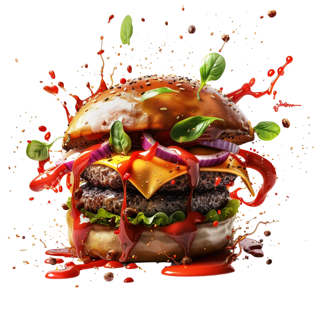 Dramatic Loaded Burger with Sauce Splashes Free PNG