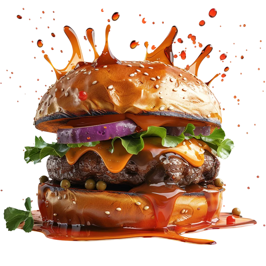 Gourmet Burger with Flying Sauce Splash Free PNG