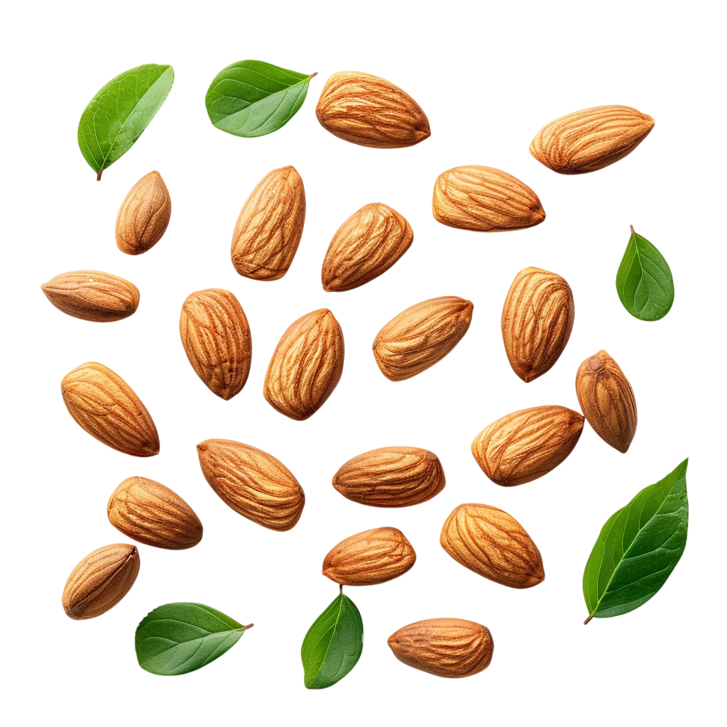 Whole Raw Almonds Floating with Green Leaves Free PNG