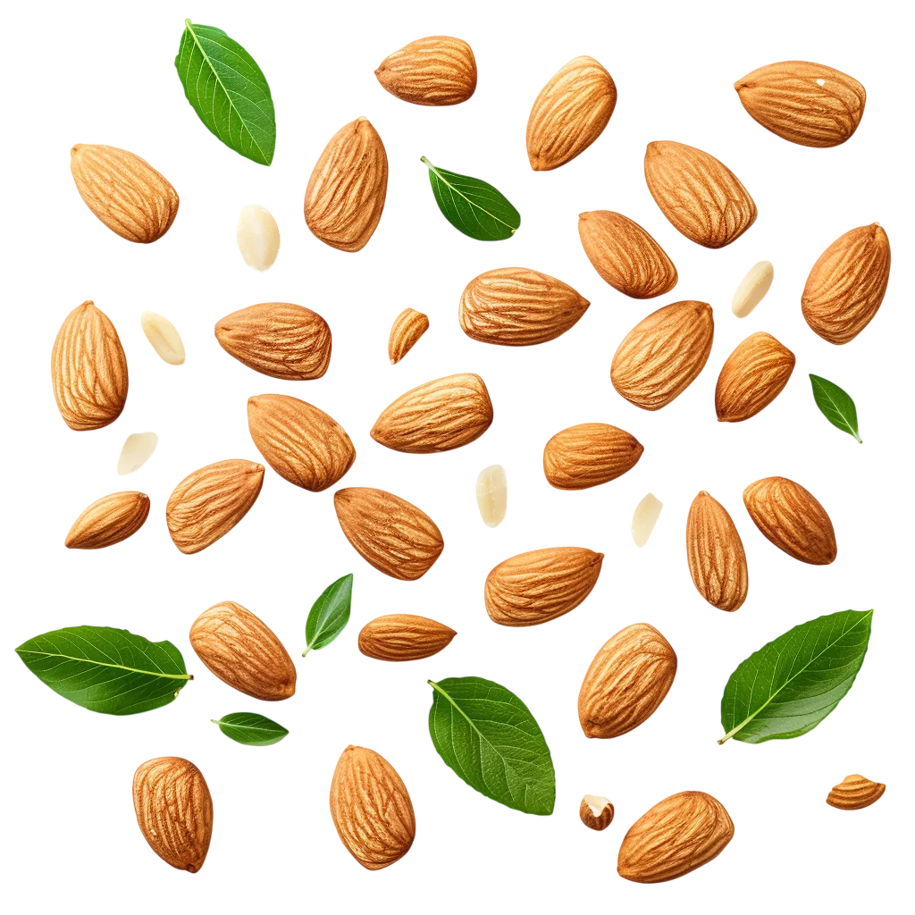 Whole Shelled Almonds and Green Leaves Free PNG
