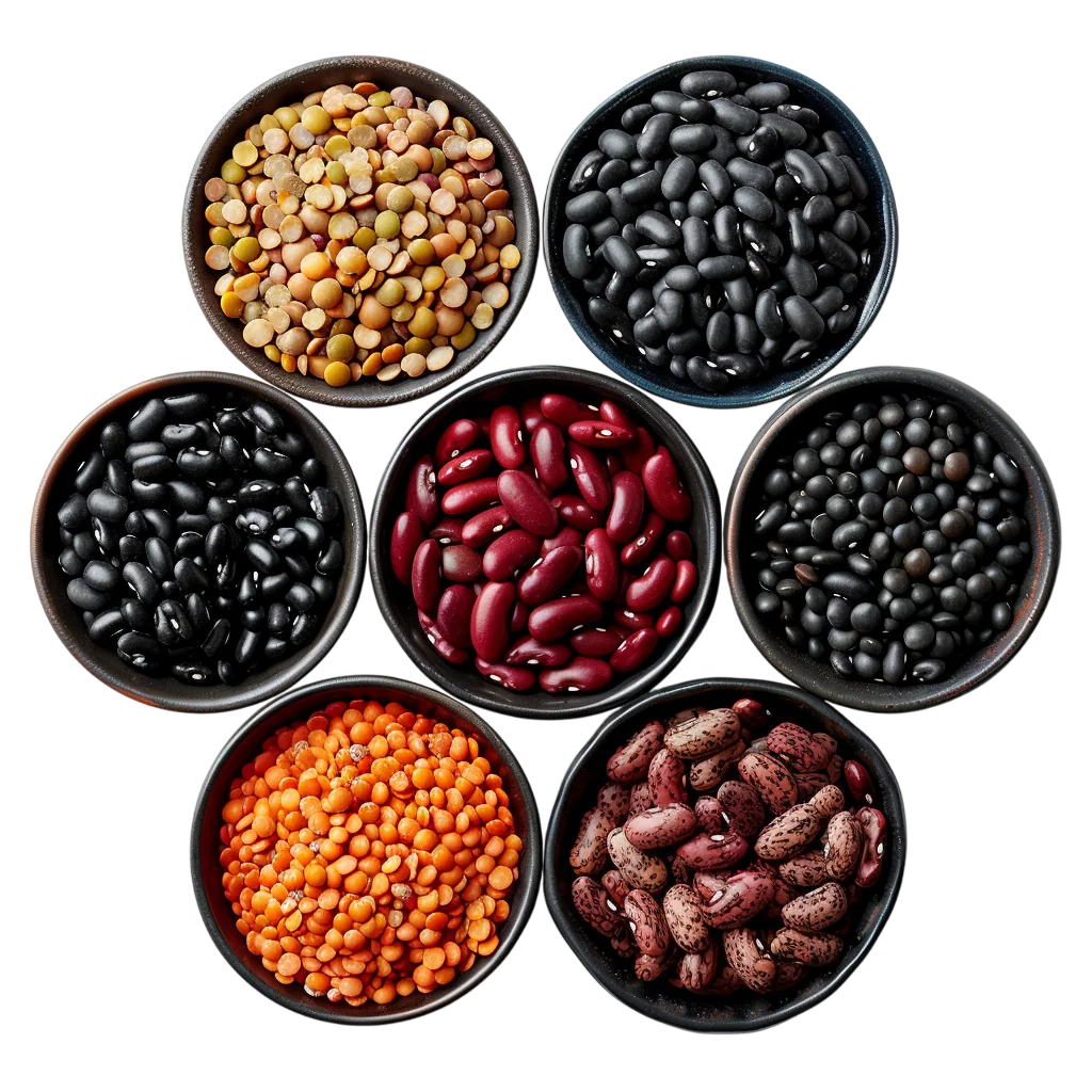 Assorted Dry Beans Legumes in Dark Bowls Free PNG