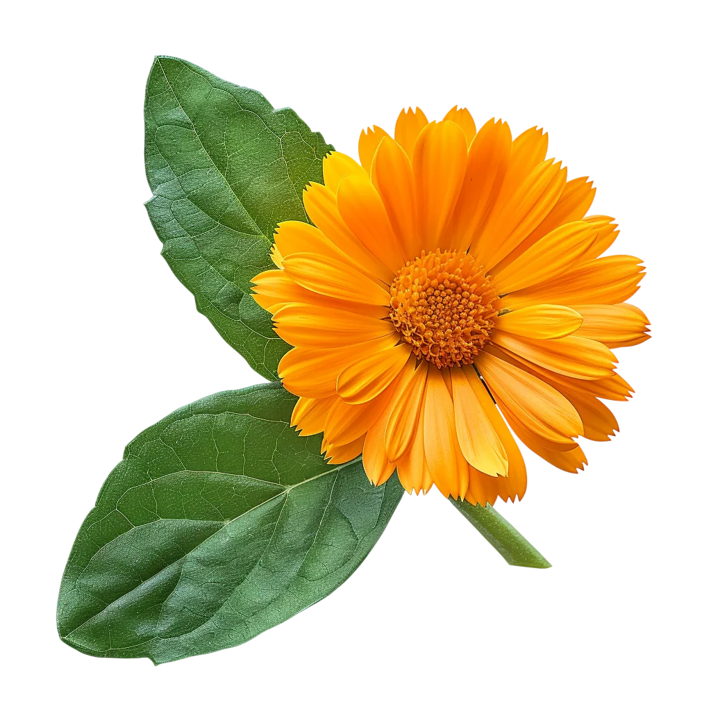 Blooming Orange Calendula Flower with Leaves Free PNG