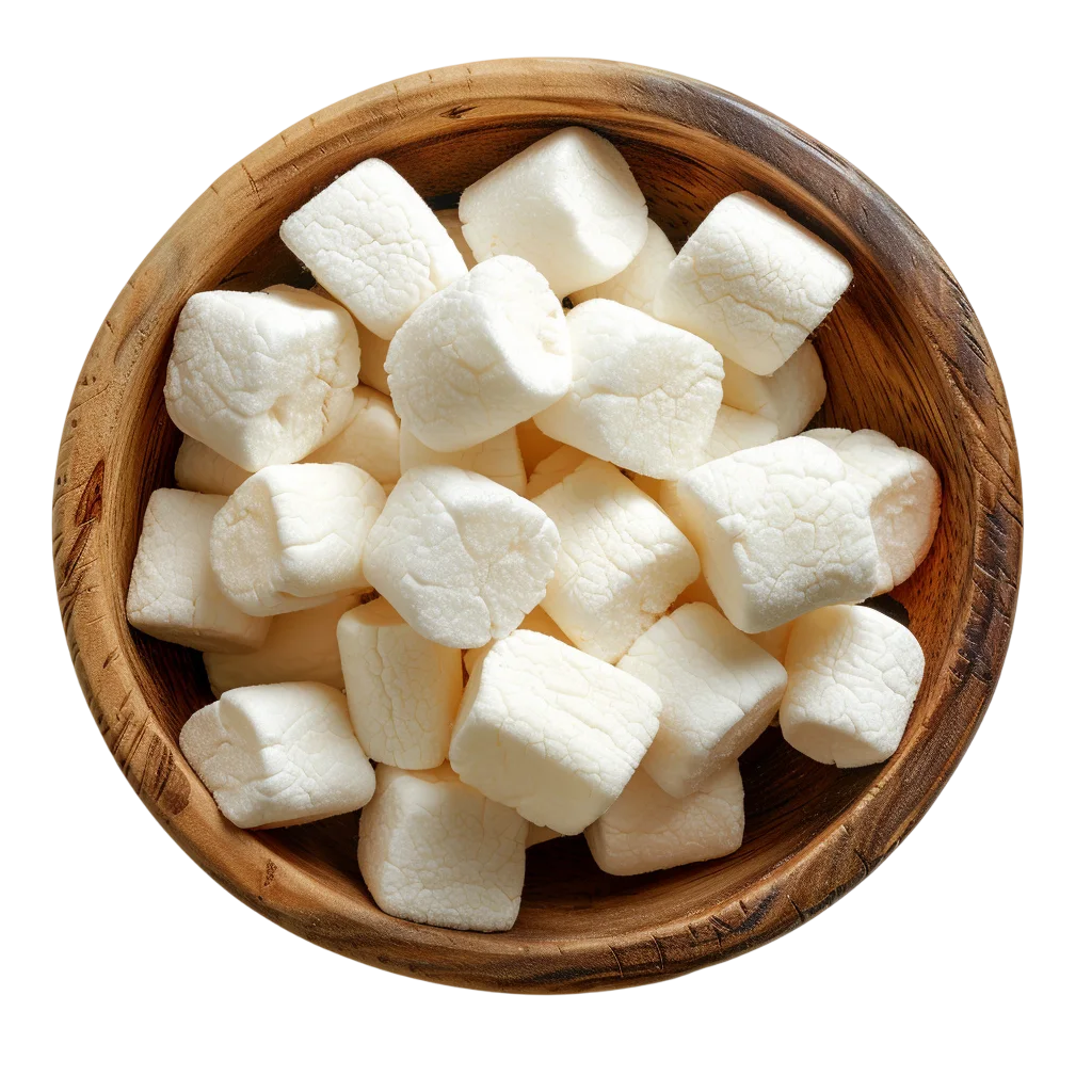 Fluffy White Marshmallow Bites in Wood Bowl Free PNG