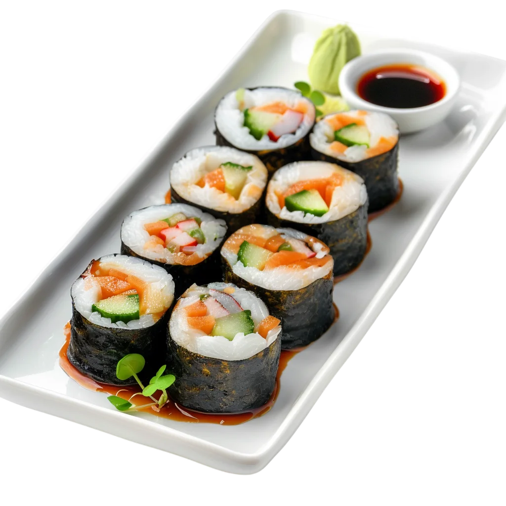 Sushi Rolls Platter with Dipping Sauce Free PNG Clipart