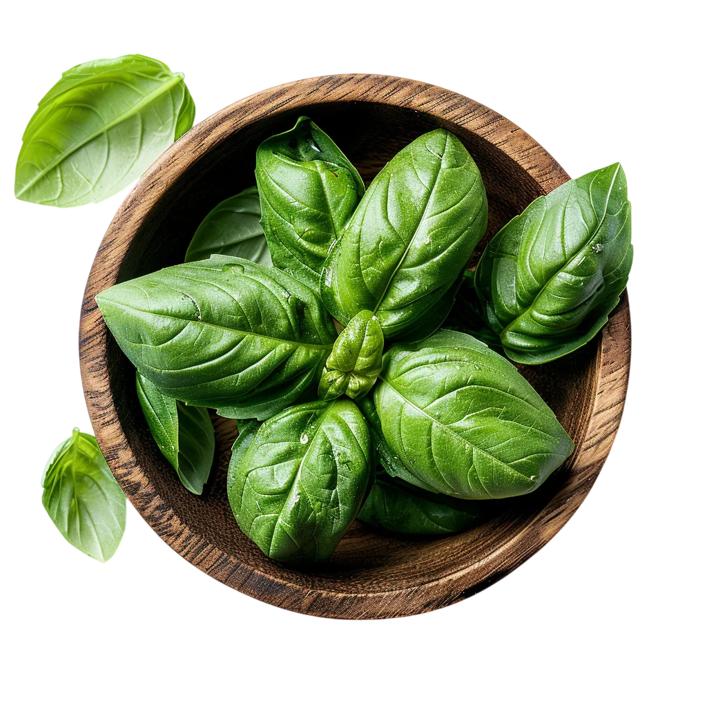 Fresh Basil Leaves in Wooden Bowl Free PNG Herb Clipart