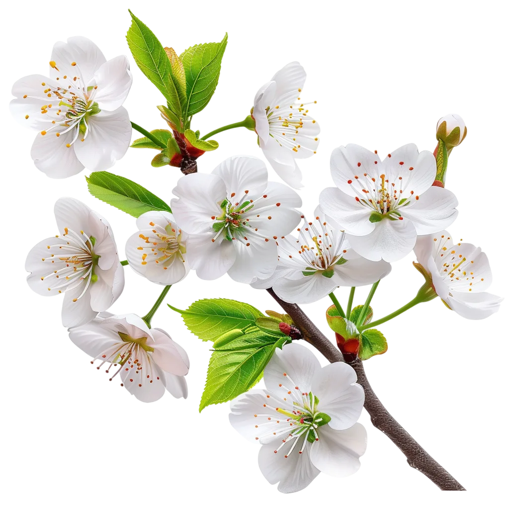 White Cherry Blossom Branch with Leaves Free PNG