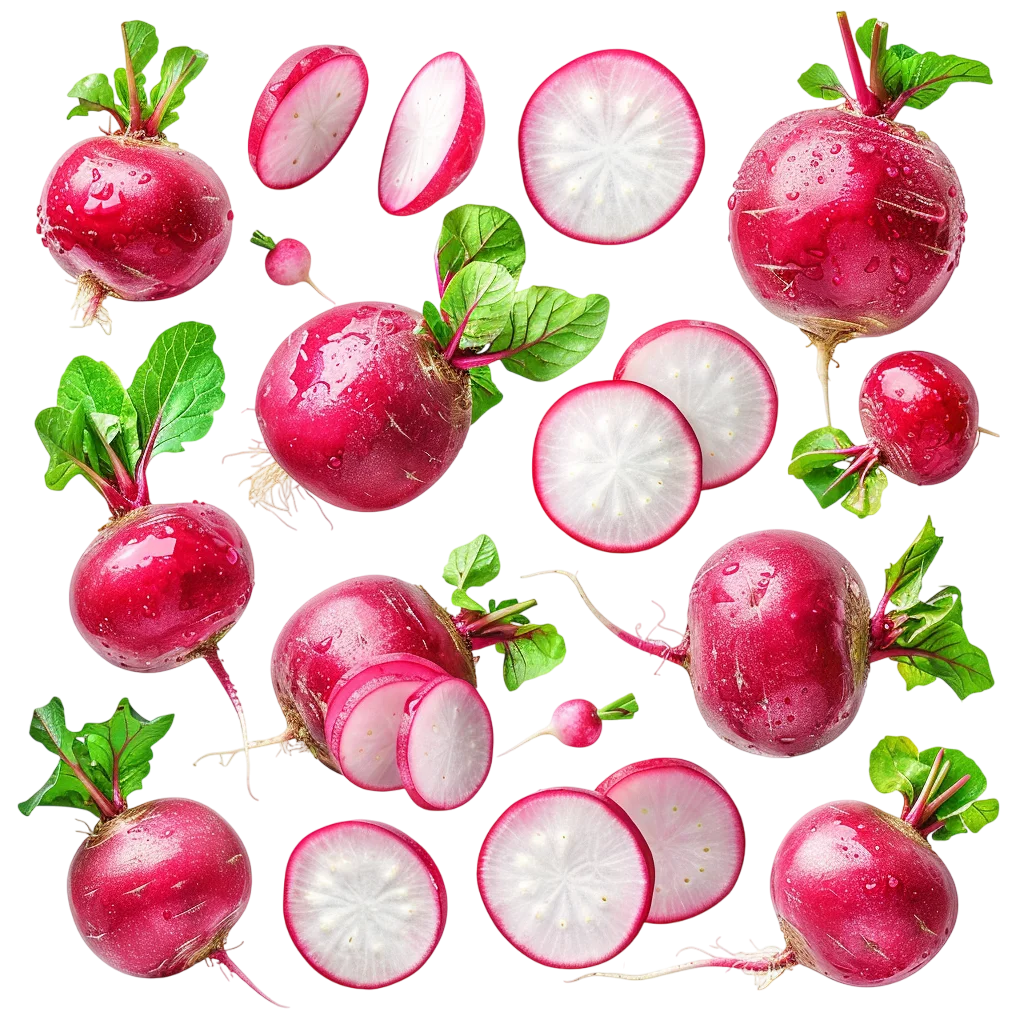 Whole and Sliced Red Radishes with Leaves - Free PNG