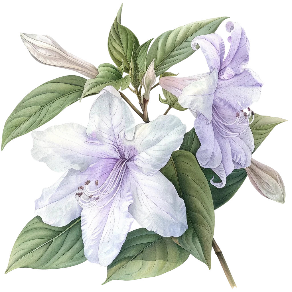 White and Lavender Botanical Flowers with Green Leaves Free PNG