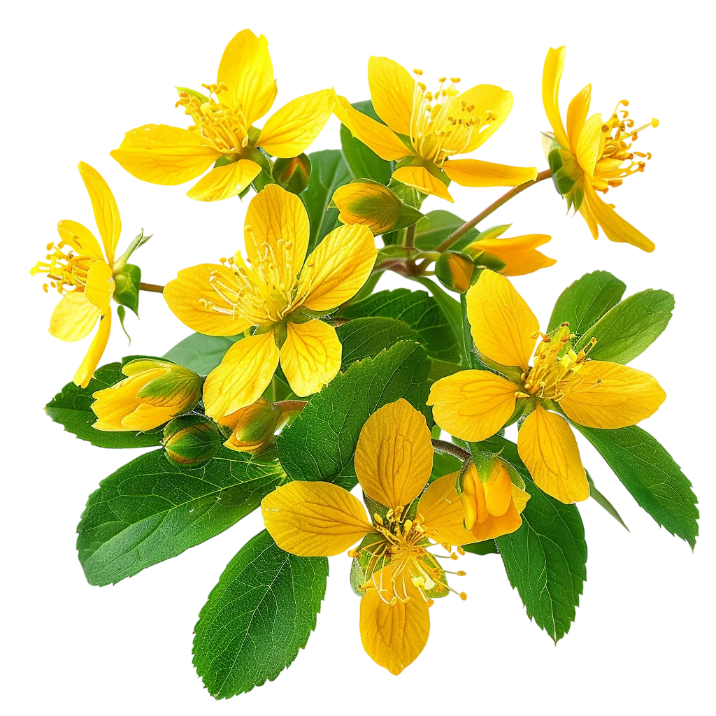 Yellow St. John’s Wort Flowers and Green Leaves Free PNG