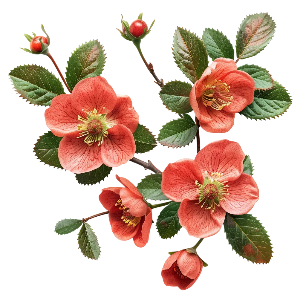 Coral Blossoms on a Leafy Branch Free PNG