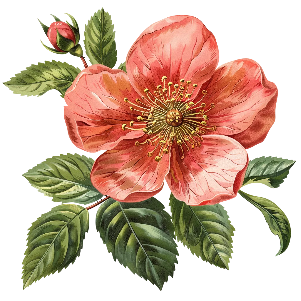 Coral Pink Botanical Flower with Leaves – Free PNG