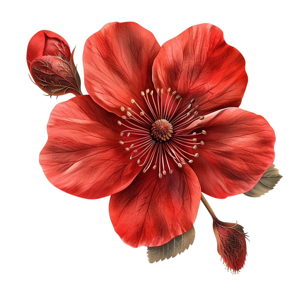 Detailed Red Flower with Buds and Leaves - Free PNG