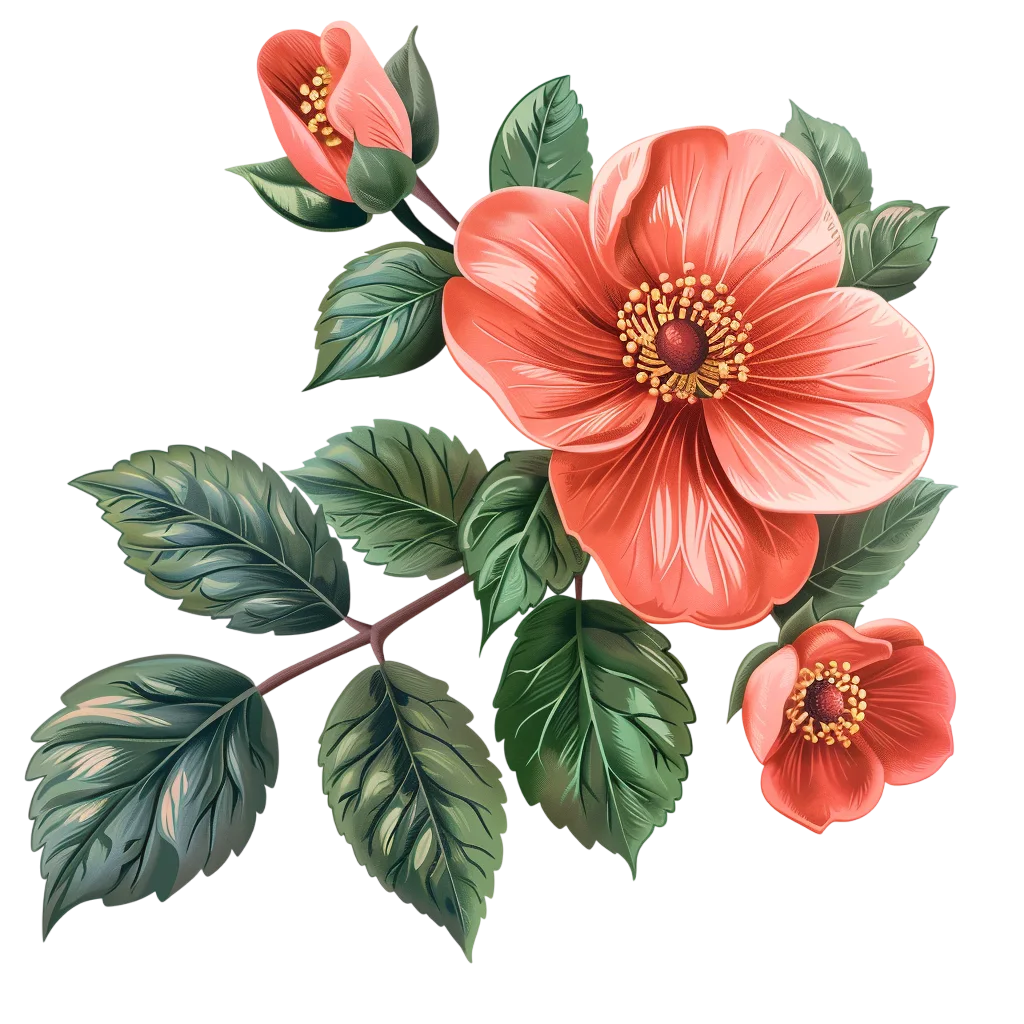 Coral Floral Branch with Green Leaves Free PNG