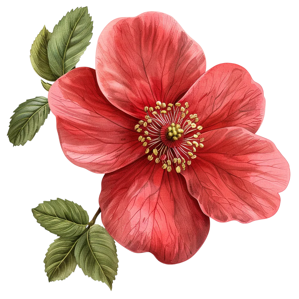 Red-Pink Botanical Flower with Green Leaves Free PNG