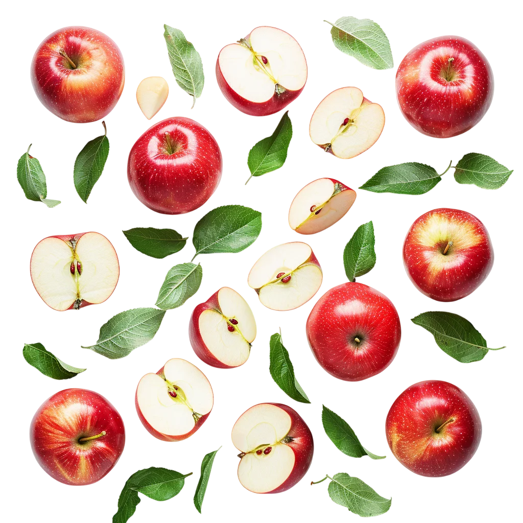 Red Apples, Slices and Green Leaves Free PNG