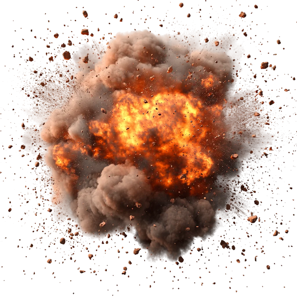 Fiery Explosion with Smoke and Flying Debris Free PNG