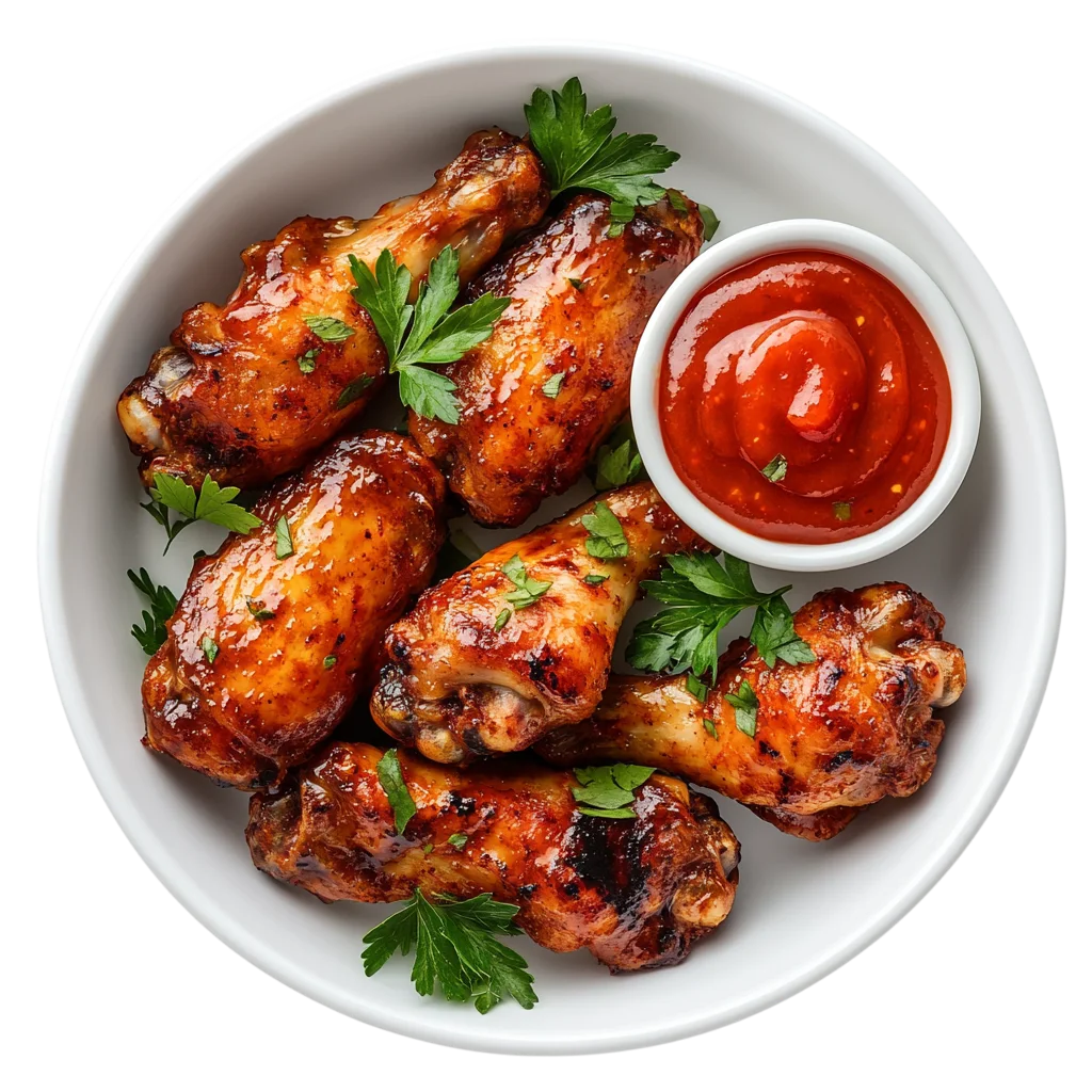 Glazed Chicken Wings with Red Dipping Sauce Free PNG