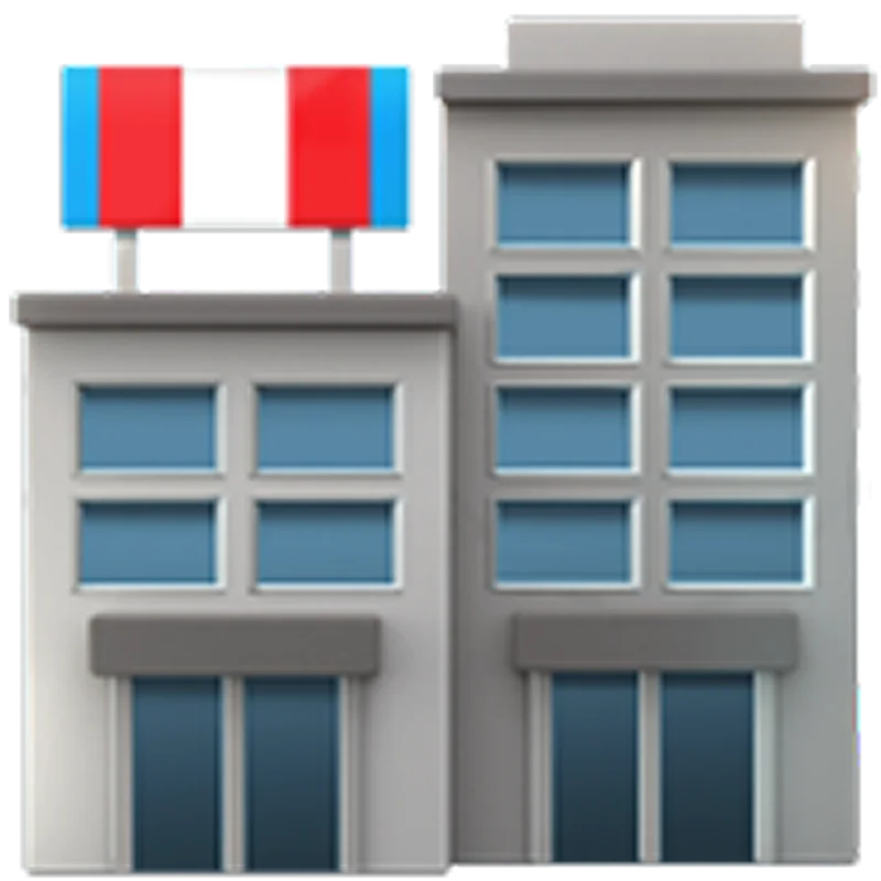 Gray Office Buildings with a Striped Rooftop Sign Free PNG