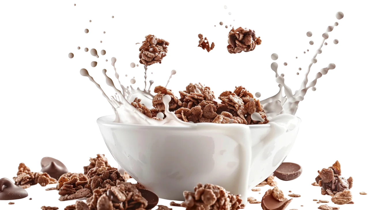 Chocolate Cereal and Milk Splash in a White Bowl - Free PNG