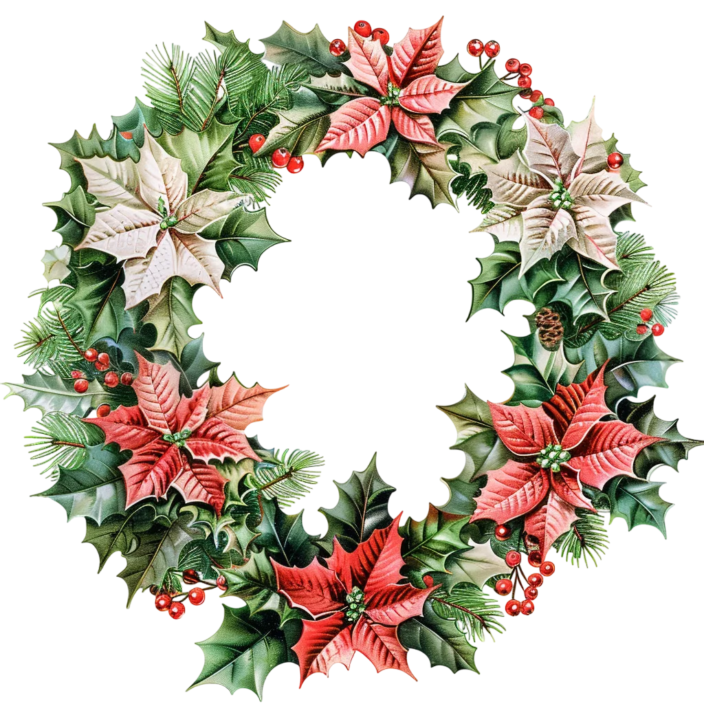 Christmas Wreath with Holly, Berries and Poinsettias - Free PNG