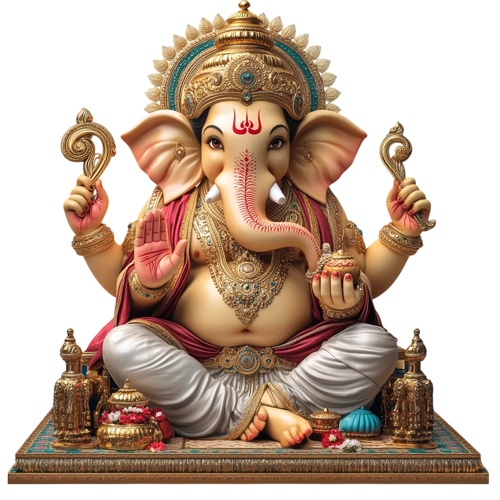 Ornate Seated Ganesha Idol with Crown and Offerings | Free PNG